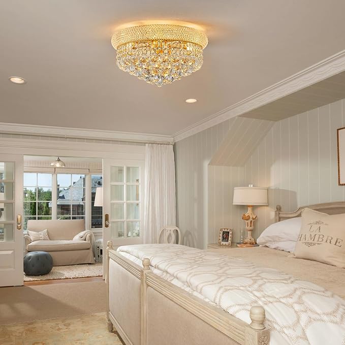 7-Light Crystal Flush Mount Chandelier Ceiling Light Fixture for Living Room Dining Room Bedroom Foyer Entryway Hallway Closet Bathroom (Gold D18)