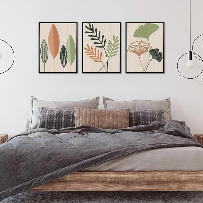 LHIUEM Framed Botanical Wall Art Leaf Art Pieces Zen Canvas Wall Art Set of 3(12”X16”) Boho Bedroom Wall Decor Sage Green Pictures Unique Plants Prints Colorful Modern Artworks for Living Room Office