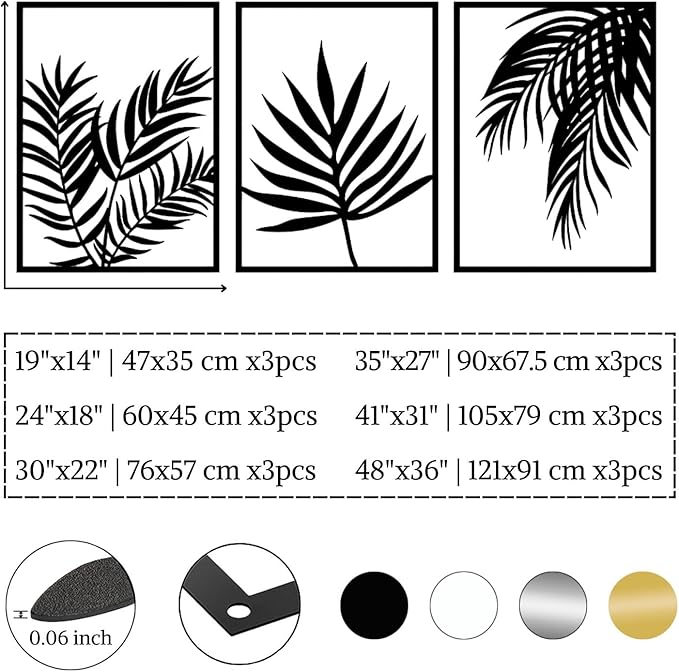 Metal Leaf Wall Decor, Palm Leaf Wall Art, Tropical Metal Wall Art, Tropical Palm Leaves Decor, Vintage Botanical Wall Art, Nature Wall Art, Modern Farmhouse Wall Decor (41"x31" | 105x79 cm x3pcs, Silver)