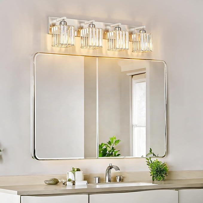 Modern Vanity Light 4-Lights Brushed Nickel Vanity Light Crystal Bathroom Wall Light Bathroom Light Fixtures