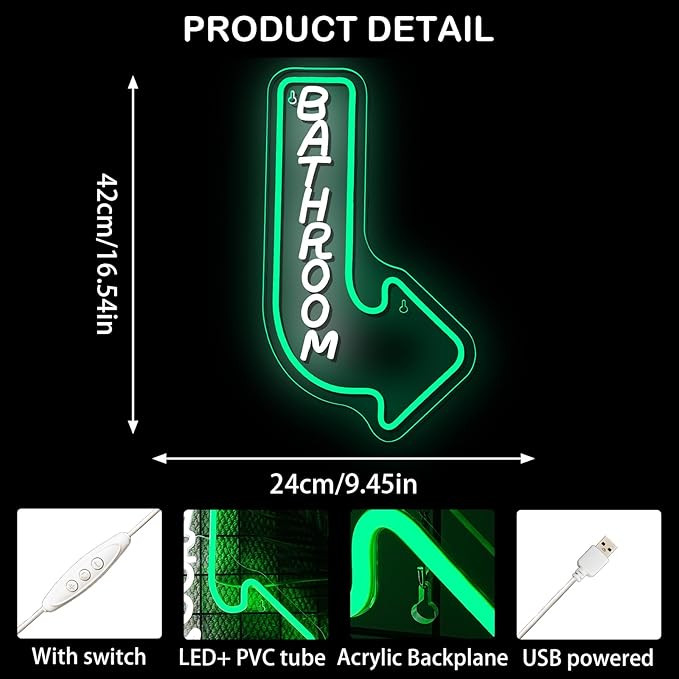 Looklight Bathroom Arrow Neon Signs for Wall Decor Green White LED Word Light Sign Right-Pointing Arrow Neon Light USB Light Up Letters Sign for Bathroom Bar Home Toilet Park Party Decor