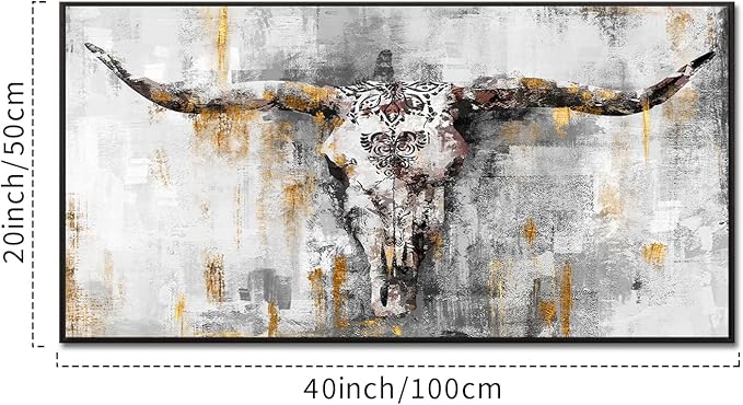 KREATIVE ARTS Vintage Bull Skull Canvas Wall Art 20x40 Inch Longhorn Head Print with Black Frame Rustic Cow Skull Painting for Farmhouse Living Room Bedroom Western Country Wildlife