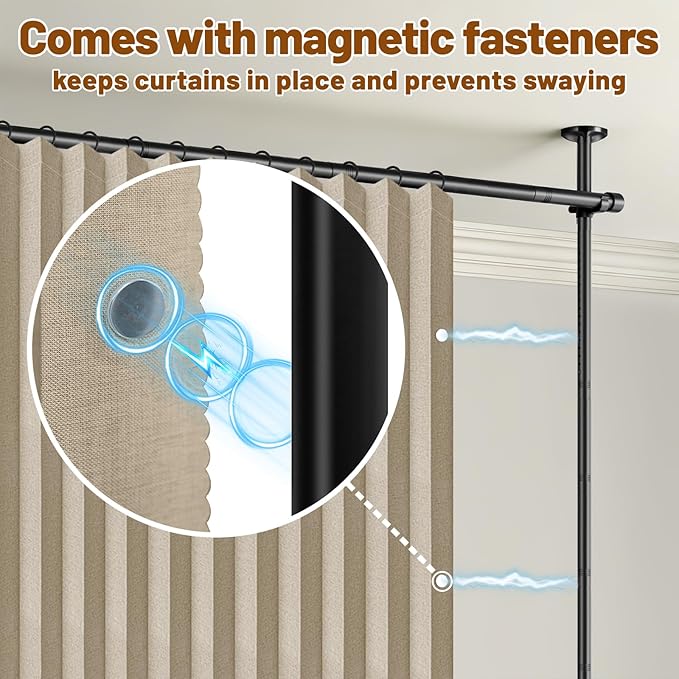 AJAZZ Room Divider Curtain (2 Panels, Beige, W100 x L96 in)+ Curtain Rods No Drilling Adjustable Tension (H) 43-120×(W) 35-200 in, Heavy Duty Wall Divider for Apartment/Dorm