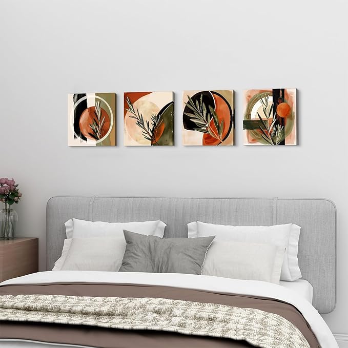 Boho Wall Art Beige Orange Mid Century Modern Wall Decor for Bedroom Abstract Geometric Canvas Painting Bathroom Green Plant Rosmary Minimalist Picture Artwork Living Room Home Decorations 12x12" 4P