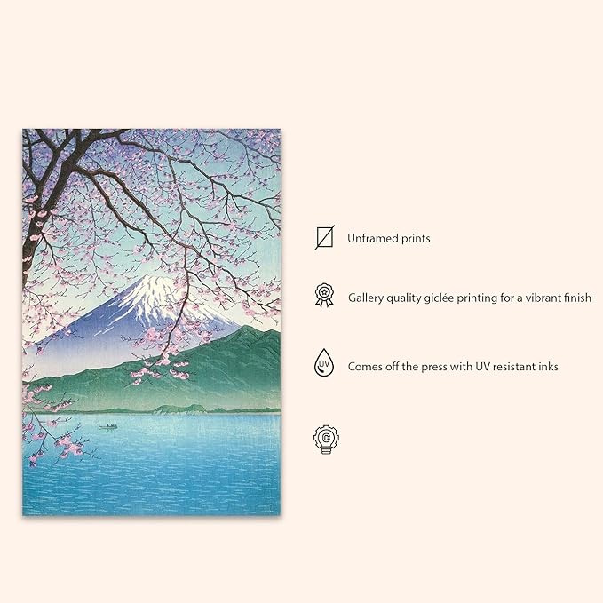 OZCONO Japanese Mount Fuji Wall Art Print, Cherry Blossom Lake Scene, UV-Resistant Gallery Quality Giclée Print, Unframed (Unframed) (40L x 27W)