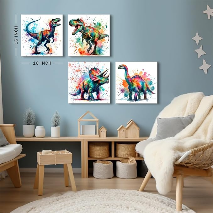 Colorful Dinosaur Canvas Wall Art for Boys Watercolor Dinosaur Painting Prints Kids Bedroom Dino Pictures Wall Decor Toddler Nursery Animal Poster Artwork Bathroom Home Decorations 16x16” 4Pcs