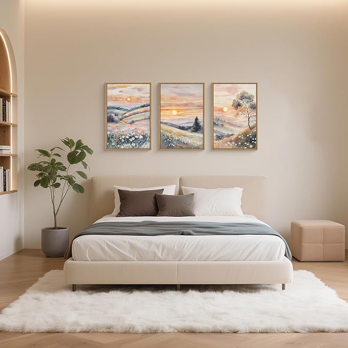 Ausril Watercolor Boho Sunset Framed Canvas Wall Art Set, Colorful Flower Wall Decor, Nature Daisy Wall Painting, Pink Wildflower Scenery Art Print for Living Room, Bedroom, Office, Hallway 24"X36"X3