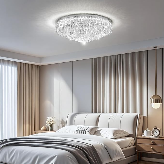 30" Ceiling Crystal Chandeliers: K9 Crystals 3 Color Temperature Led Light Dimmable with Remote - Modern Silver Chandelier Crystal Flush Mount Ceiling Lights for Dining Room, Living Room, Bedroom