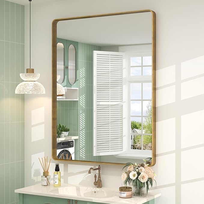 26x36 Gold Framed Mirror for Bathroom, Brushed Gold Mirror with Metal Frame, Modern Rectangle Brass Vanity Mirror for Wall, Shatterproof, Anti-Rust (Horizontal/Vertical)
