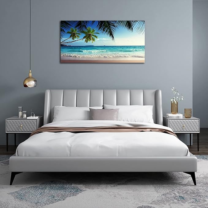 Large Wall Art Ocean Waves Canvas Pictures Coconut Trees Sands Beach Seascape Landscape Modern Summer Sea Nature Canvas Artwork Contemporary Wall Art for Living Room Bedroom Home Wall Decor 24" x 48"