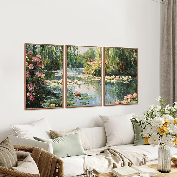 LHIUEM Monet Water Lilies Floral Framed Canvas Wall Art Set,Vintage Impressionist Botanical Wall Decor,Oil Paintings Style Flowers Artwork for Living Room,Bedroom,Dining Room,Office -16"x24"x3