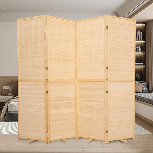 Bamboo Room Divider Folding Privacy Screens, Wall Divider for Room Separation, Portable Room Partitions and Dividers, 5.6FT Bamboo Mesh Woven Room Divider Panel (Beige, 4 Panel)