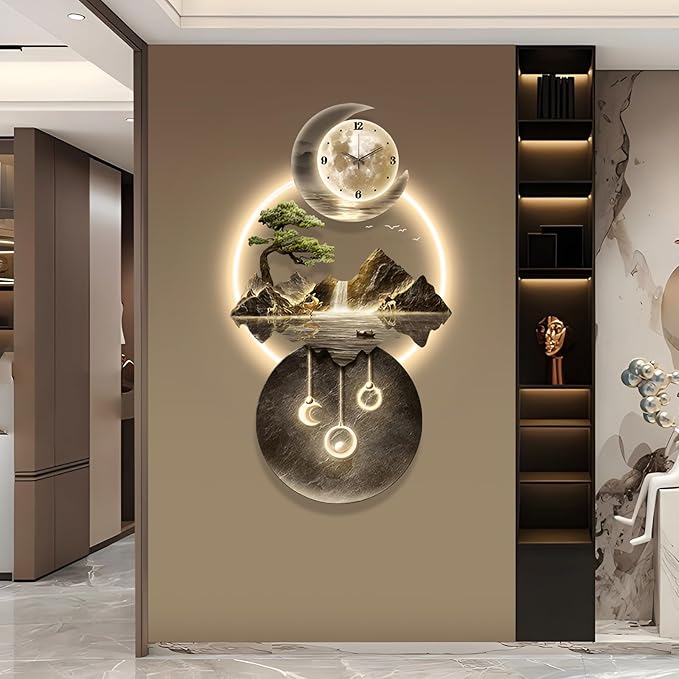 LED Light Art Wall Decor, 3D Art Wall Decor Clock, Decor Wall Sculptures with Lights, Modern Home Decor Landscape Wall Sculpture, Plug-in Power Supply, Gold D, 23x47IN