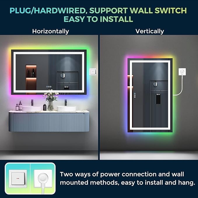 55x36 Inch RGB LED Bathroom Mirror Front Light and RGB Backlit Lighted Vanity Mirror for Bathroom Wall Mounted Dimmable Anti Fog Memory Shatter-Proof IP54 Waterproof Horizontal/Vertical