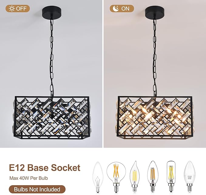 Modern Crystal Chandelier, 6-Light Black Chandeliers for Dining Room with Adjustable Chain, 51 Inch Ceiling Light Fixture for Bedroom, Foyer (Bulbs Not Included)