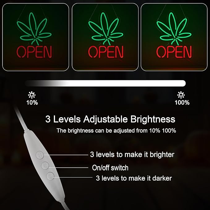 Marijuana Open Neon Sign for Wall Décor Hemp LED with Dimmable Switch Sign Man Cave Art Bars Beer Cannabis High Life Neon Signs Light