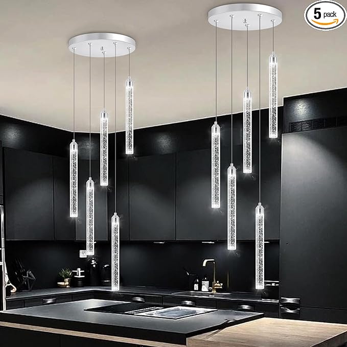 5 Light Mini Chandelier LED Pendant Lighting for Kitchen Island Modern Bubble Crystal Pendant Light Adjustable Pendant Light Fixture Chrome Ceiling Handing Lights for Dinning Room Bedroom 2700K 6000K