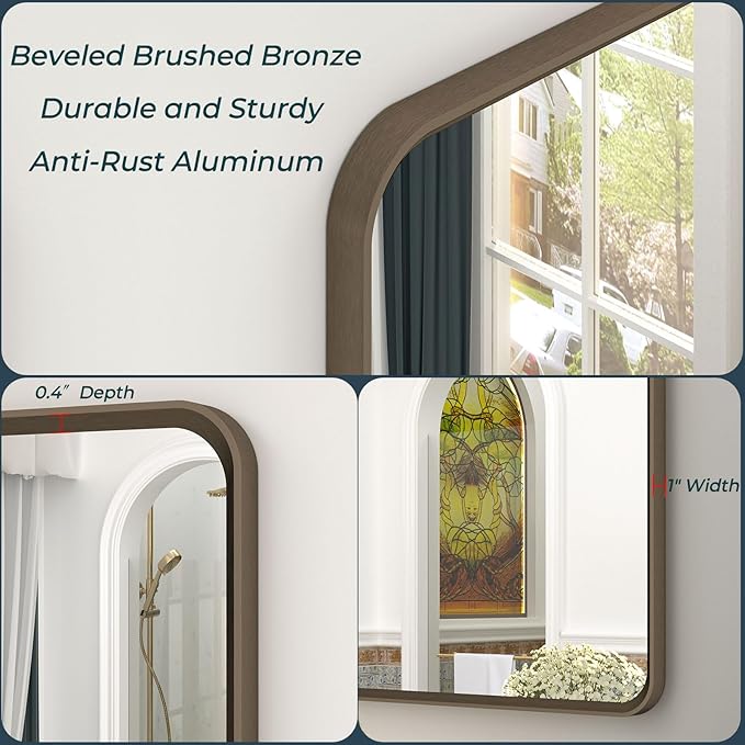 OKPAL 20x28 Bronze Bathroom Mirror, Brushed Metal Bathroom Vanity Mirrors for Wall, Rounded Rectangle Bronze Frame Mirror for Farmhouse, Anti-Rust (Horizontal/Vertical)