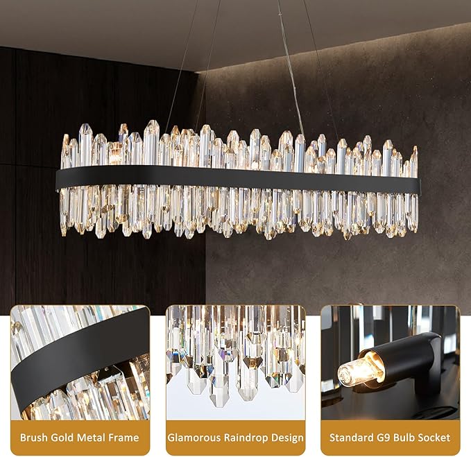 Black Oval Crystal Chandelier L45.3 inch, 24-Lights Chandeliers Modern Crystal Chandelier Pendant Light Fixture G9 Lights Pendant Ceiling Light for Dining Living Room Kitchen Island