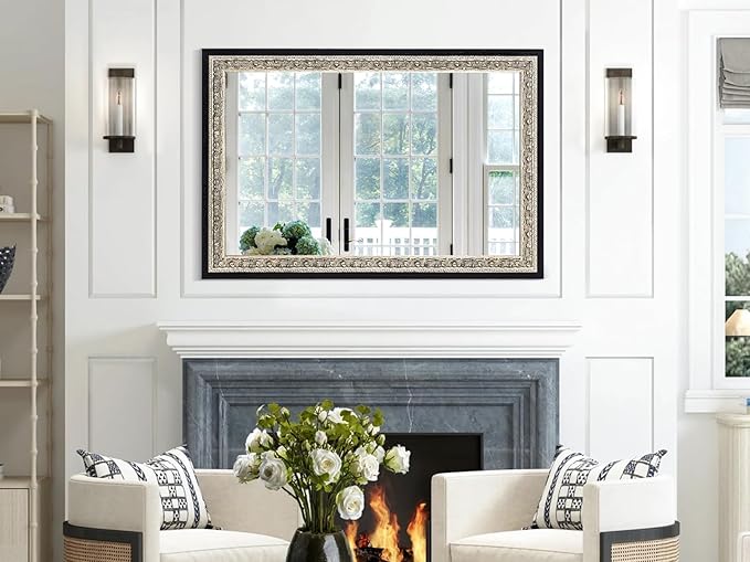 Large Vintage Wall Mirror for Vanity, 40"x28", Black Antique Mirror with Silver Foil Flower Petal Carvings Wooden Frame for Living Room, Entryway, Bathroom and Bedroom