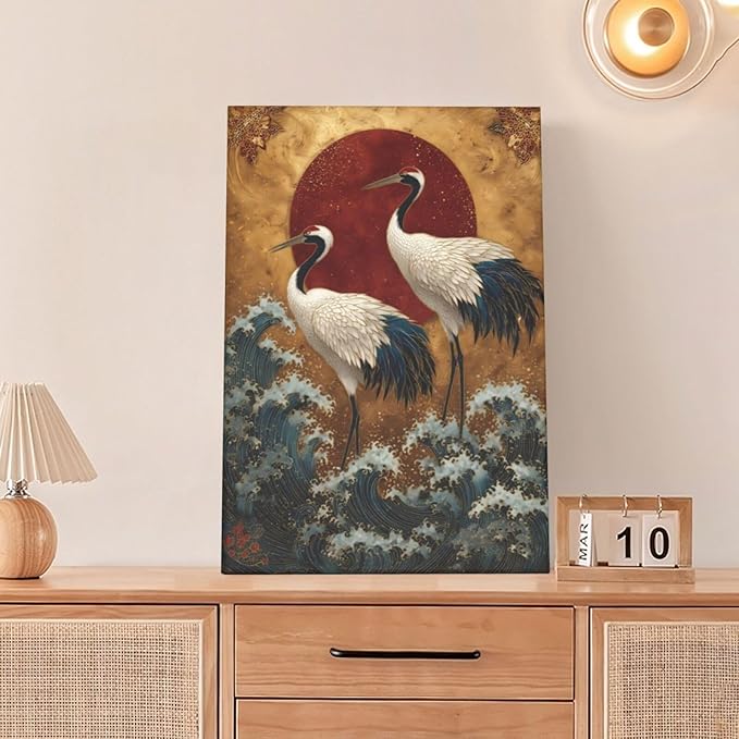 Japanese Crane Wall Art Gold Oriental Asian Wall Decor Sandhill Crane Canvas Pictures Paintings Prints Japan Traditional Aesthetic Artwork Framed Chinese Decorations For Bedroom Living Room Office Gifts 16" x 24"
