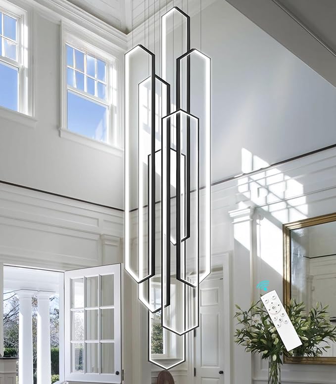 6 Rings Black Modern Large Chandelier Dimmable LED High Ceiling Chandelier for Living Room Foyer Hanging Modern Ceiling Light