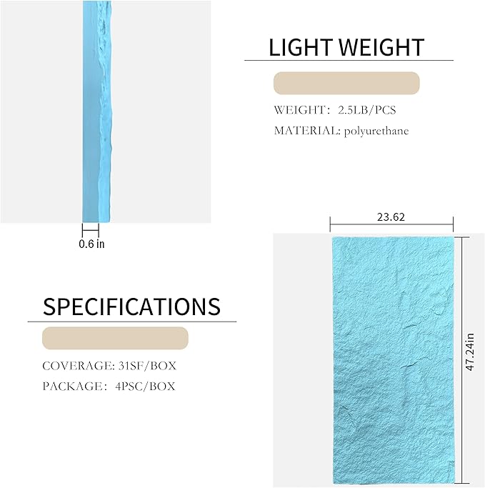 4PCS PU Wall Panels Stone Texture for Interior Wall Decor|3D Wall Panels with Lake Blue Stone Texture|47.24"*23.62" (Lake Blue)