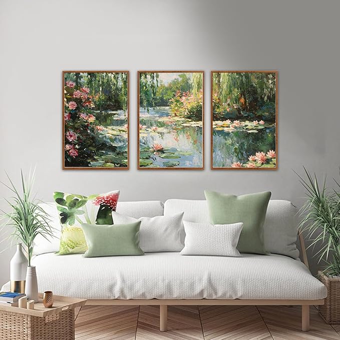 LHIUEM Monet Water Lilies Floral Framed Canvas Wall Art Set,Vintage Impressionist Botanical Wall Decor,Oil Paintings Style Flowers Artwork for Living Room,Bedroom,Dining Room,Office -16"x24"x3