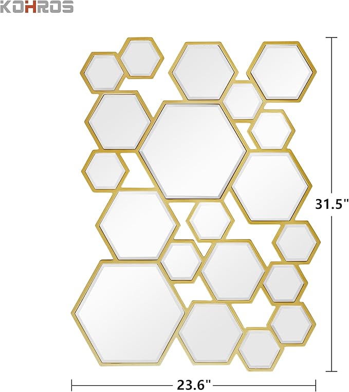 KOHORS Wall Decor Mirror Modern Hexagon Gold Wooden Framed Wall Mirror for Living Room,Bedroom,Entryways,Home Decor(W 31.4" x H 23.6" Honey Comb)
