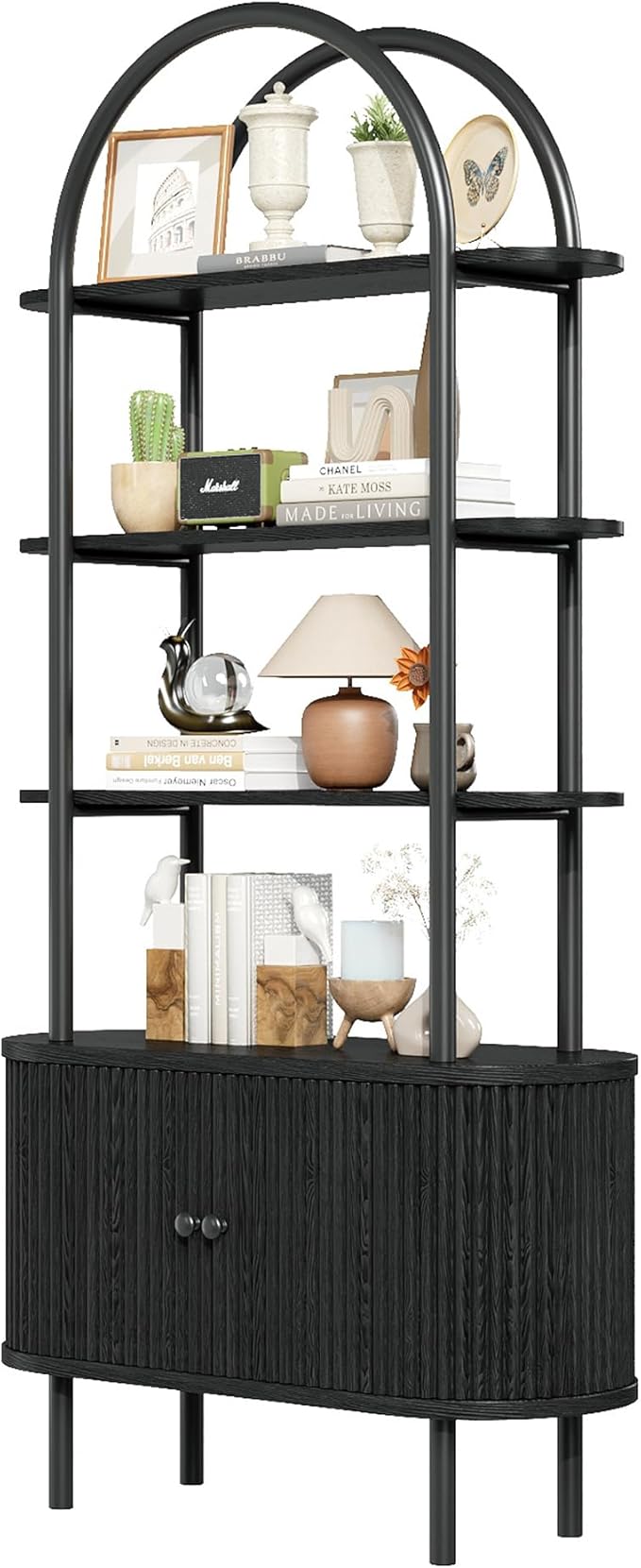 71" Tall Bookshelf, Bookcase, 4-Tier Book Shelf with Storage Cabinet, Curved Metal Frame Bookcase, Freestanding Industrial Storage Display Shelving for Living Room Office Bedroom, Black