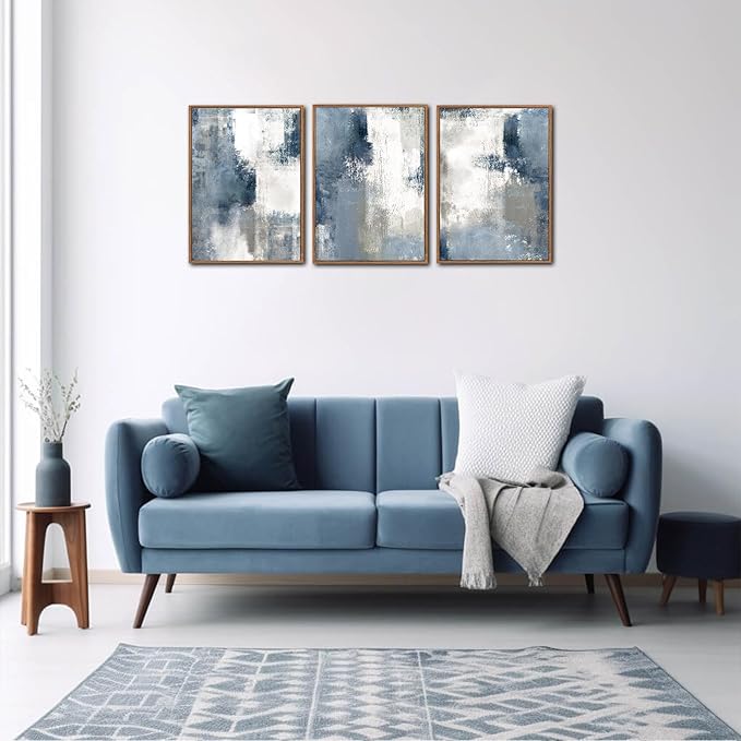 LHIUEM Large Navy Blue and Gray Framed Canvas Wall Art Set of 3(12”X16”) Modern Abstract Wall Decor Brush Strokes Block Shape Artwork Minimalist Neutral Blue Printing for Living Room Bedroom Office