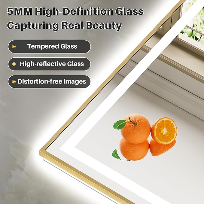 44x36 Inch LED Bathroom Mirror with Gold Frame, Backlit & Front Lit, Anti-Fog Lighted Bathroom Vanity Mirror for Wall, Memory Function, Dimmable, HD Tempered Glass, Shatter-Proof