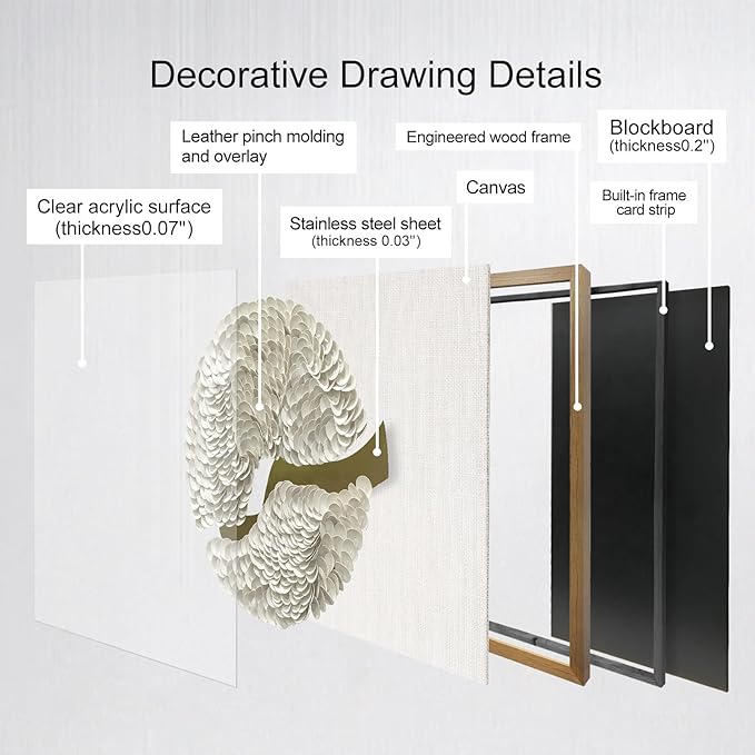 BrightA White Leather Wall Art Wall Sculpture Eclectic Decor Handcrafted Layered Texture with Wooden Shadow Frame Acrylic Protected Modern Abstract Decor for Living Room/Gallery 31.5"x31.5"