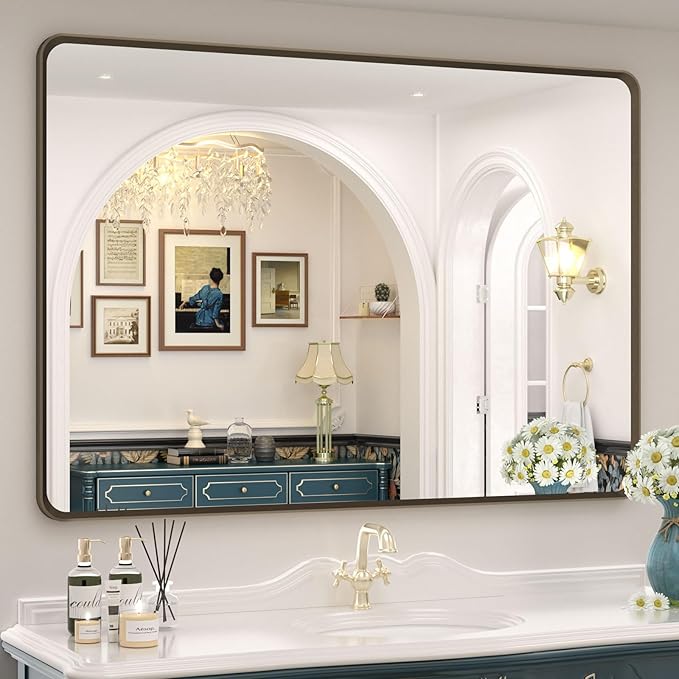 OKPAL 44x30 Bronze Bathroom Mirror, Brushed Metal Bathroom Vanity Mirror, Rounded Bronze Rectangle Mirror for Farmhouse, Bedroom, Anti-Rust (Horizontal/Vertical)