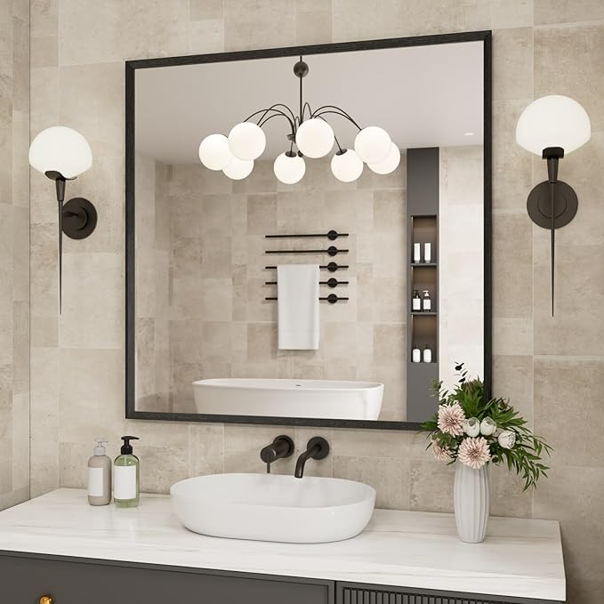 Bathroom Vanity Mirror 36x36 Inch, Matte Black Rectangle Bathroom Mirror, Anti-Rust, 4MM Tempered Glass, Wall-Mounted Mirror, Hangs Horizontally or Vertically for Bathroom & Bedroom