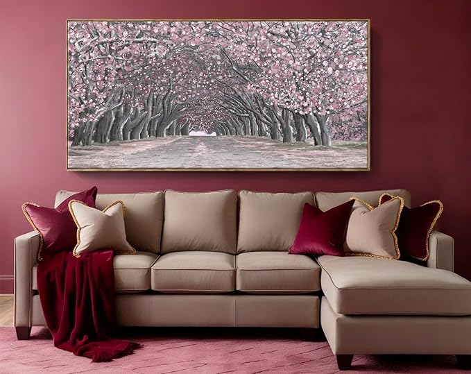 Nicetop Big Framed Canvas Wall Art for Living Room – Large Pink Abstract Floral Canvas Print Cherry Blossom Tree Tunnel Artwork – Oversized Spring Landscape Picture Bedroom Girls Women Decor 58x29Inch