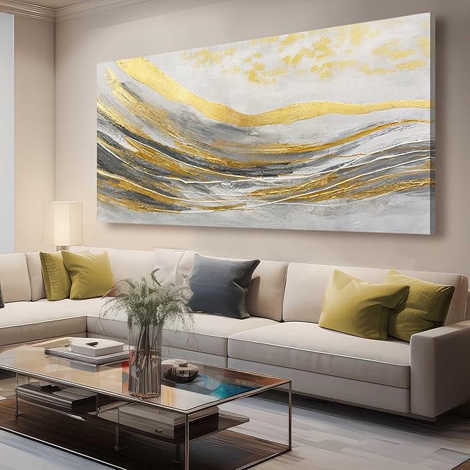 Artexist White Line Wall Paintings Modern Wall Art Gold Foil Photo Prints 29"x58" Large Dining Room Wall Decor Posters for Bedroom