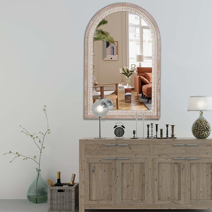 36x24'' Farmhouse Arched Decorative Wall Mirror, Farmhouse Wooden Mirrors with Beaded for Living Room, Hallway, Bathroom, Entryway - Vertical/Horizontal