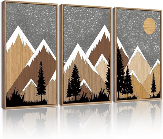 KUVIOKE Morden Mountains Framed Wall Art Boho Pine Tree Forest Nature Landscape Artwork Painting Bohemain Farmhouse Rustic Home Decor 16x24in (Natural Framed)