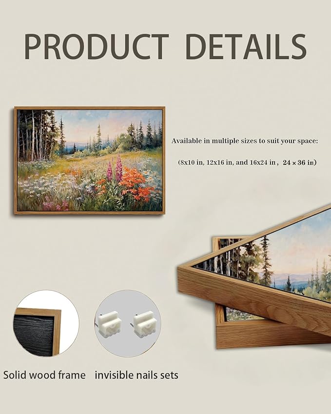KISSFOX Vintage Framed Wall Art Mountain Meadow Wildflower Landscape Colorful Canvas Art Nature Serene Countryside Paintings Artwork Farmhouse Rustic Art Prints For Bedroom Bathroom Living Room