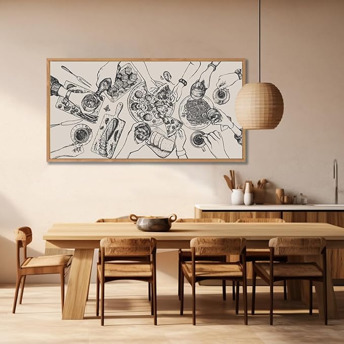 BINCUE Large Framed Wall Art Food and Drink Canvas Wall Decor Pizza Cheers Sketch Painting Retro Canvas Wall Art for Kitchen Dining Room Restaurant Used for Gatherings Decor