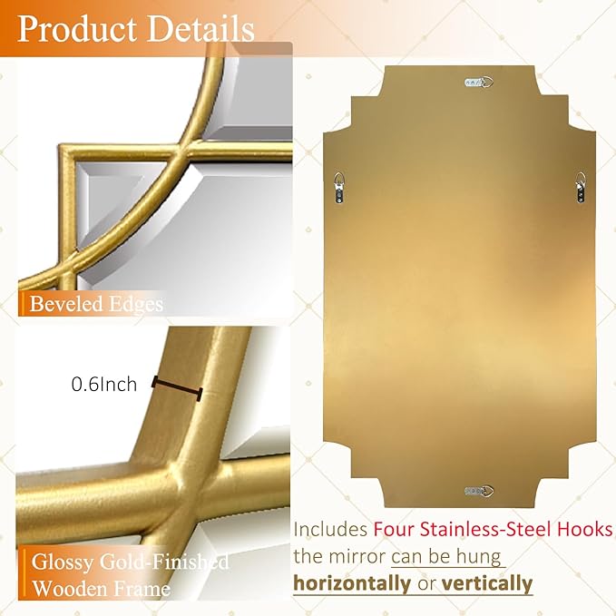 20x30 inch Beveled Gold Mirror for Wall, Gold Traditional Art Decorative Mirror Home Decor for Bathroom Living Room Bedroom Kitchen Entrance