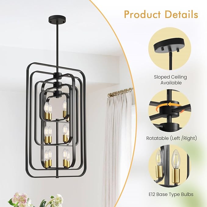 Black and Gold Chandelier, 12-Light Farmhouse Chandelier for Entryway, Modern Foyer Lighting Fixtures, Foyer Chandeliers for High Ceilings, Hanging Pendant Lights for Living Room, Staircase, Entry