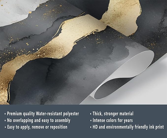 Black Gold Mural Wallpaper, Modern Fashion Marble Murals, Abstract Gradient Art Murals, Large Wallpaper for Living Room Bedroom Kids Room Home Decor Mural (Not Peel Stick)