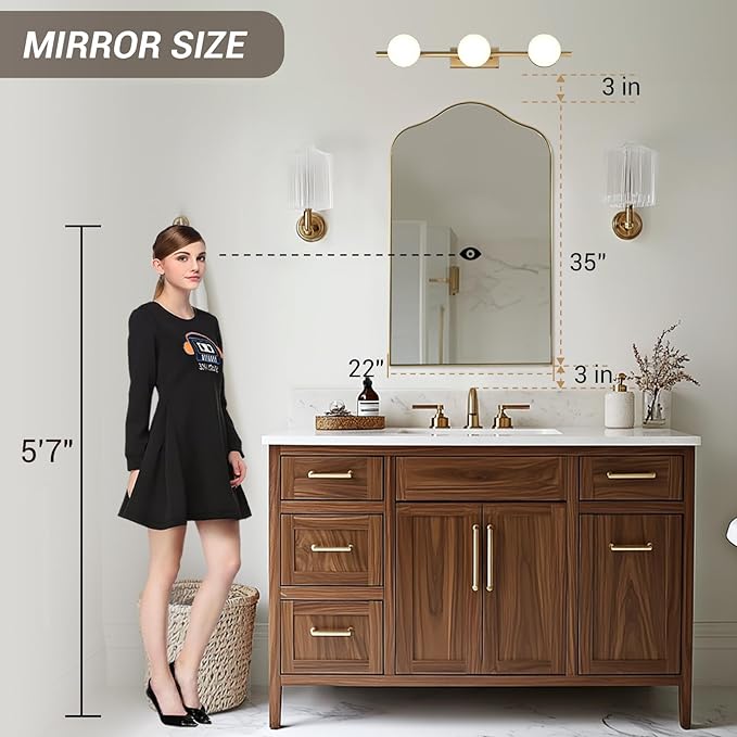 ANDY STAR Brass Scalloped Arched Wall Mirror, 22x35 Brushed Gold Irregular Bathroom Mirror with Curved Design for Vanity, Powder Room, Fireplace, Mantel, Stainless Steel Frame