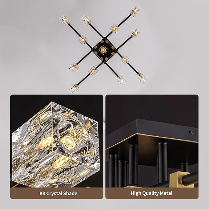 Crystal Ceiling Light Fixture with 13-Lights,Black and Gold Semi Flush Mount Ceiling Light,Modern Chandelier for Kitchen Island,Living Room,Bedroom,Dining Room