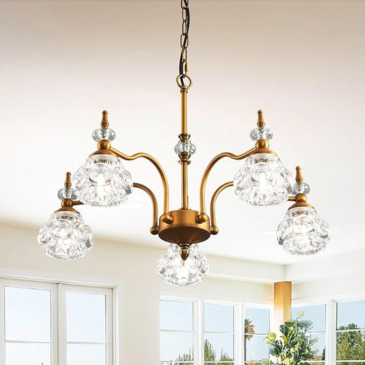 5-Light Vintage Gold Crystal Chandeliers for Dining Room, Antique Victorian Chandelier, Rustic Kitchen Island Light Fixtures, Modern Farmhouse Hanging Pendant Lights for Living Room, Bedroom, Foyer