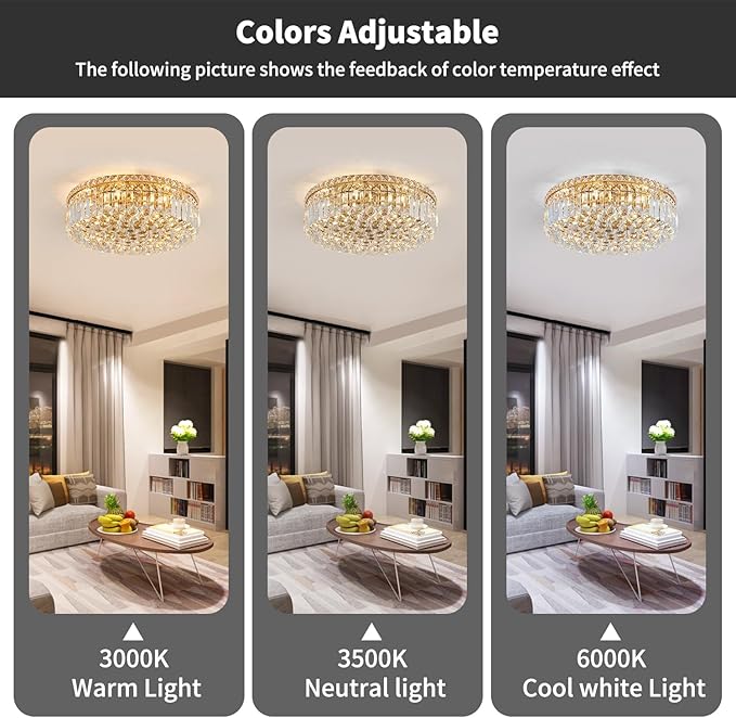 6-Lights Gold Crystal Flush Mount Chandelier Light Fixture K9 Crystals Modern Ceiling Lights Elegant Pendant Lamp for Bedroom,Hallway,Bar,Living Room,Dining Room,H5.9 xW20 (Bulbs Not Included)