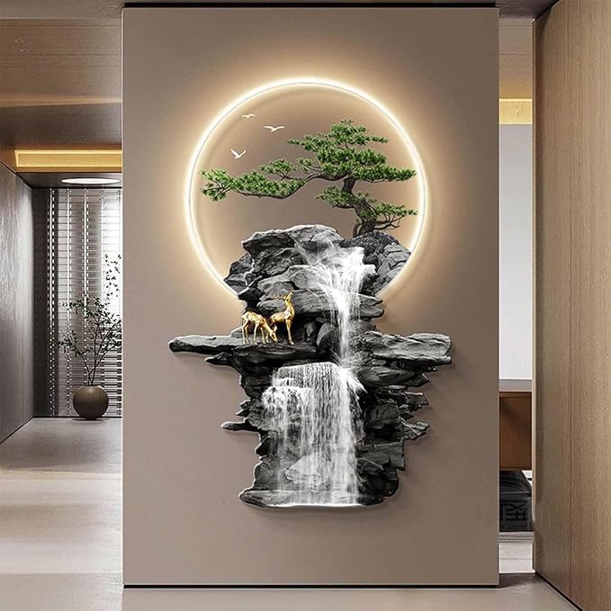 3D Oriental Waterfall Wall Art with LED Light,Oriental Welcoming Pine Landscape for Living Room Office Decor,Modern Art Wall Decor Sculptures, Plug-in Power Supply, Remote Control（50 * 75cm）