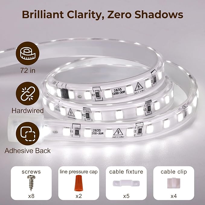 72inch Hardwired Under Cabinet Lighting for Kitchen,120V Wired Undercounter Led Strip Lights 6000K White Waterproof, Luces para Cocina Bajo Gabinete Under Shelf Lights for Sink/Workbench